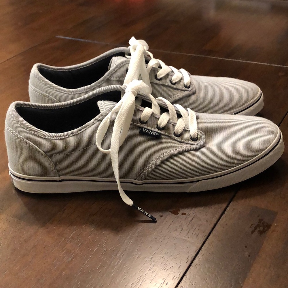 Blue and white striped canvas Vans